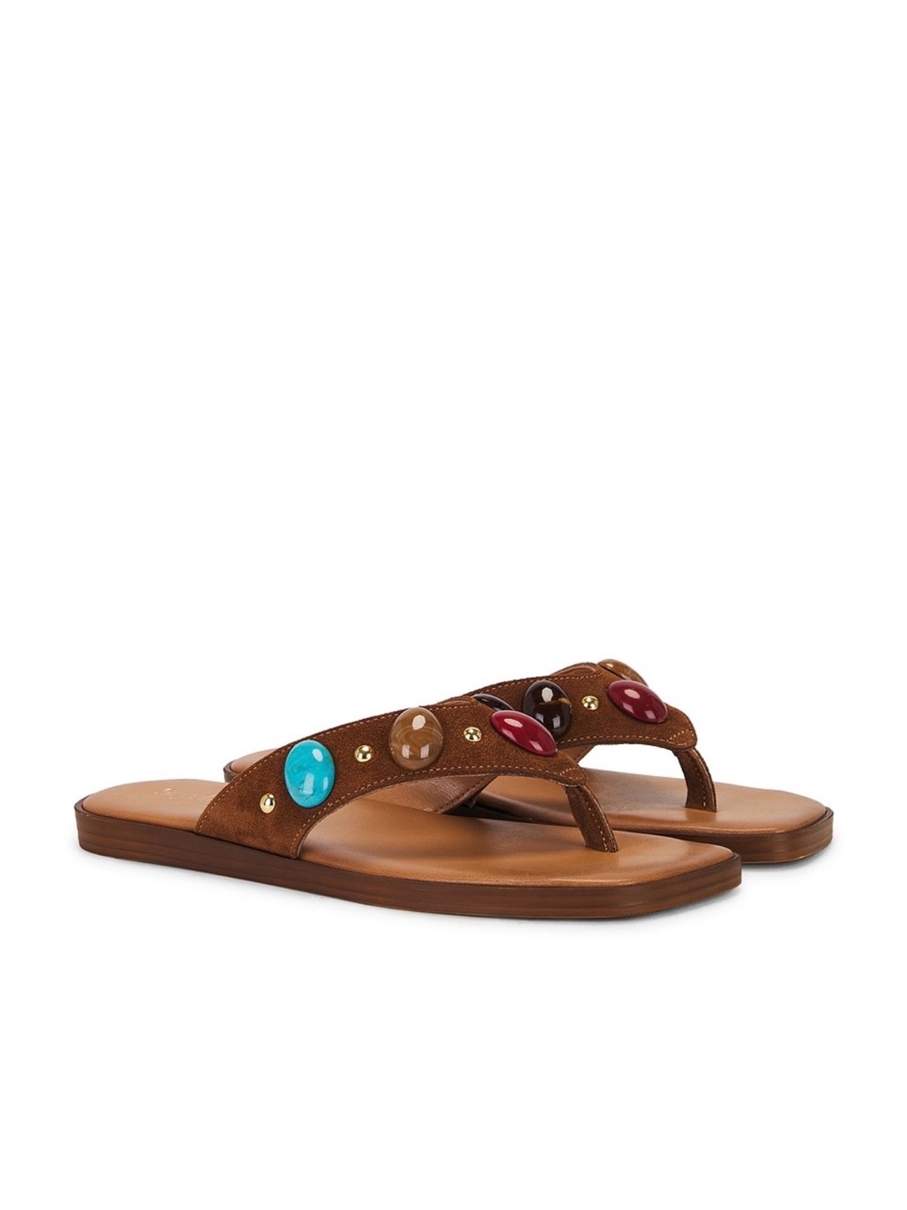 Seychelles Brown Suede Beaded Thong Sandals with Multicolor Stones